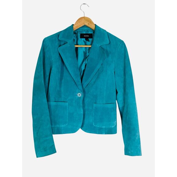 Alfani Suede Leather Jacket Small Teal Blue Button Front Soft Stylish Outerwear - Picture 1 of 5